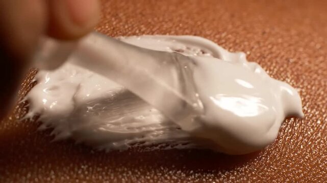 Detailed video of hydrating beauty treatment, white cream applied on clean human skin, representing wellness, daily grooming, and personal care routine.