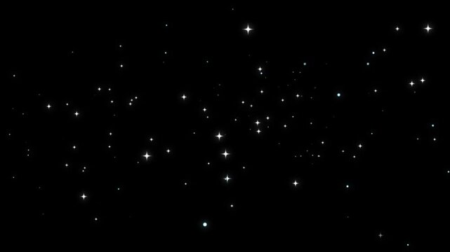 Sparkling star glitter animation, white twinkling particles and shining dust trail with magical burst, cartoon doodle sparkle effects, seamless loop on black background, 4k video effect sparkle