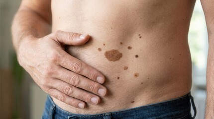 Fototapeta premium Man Checking Multiple Skin Moles And Melanoma Concern