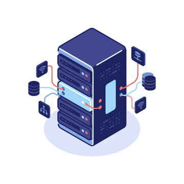 Modern Isometric of a Server Rack with Connected Devices and Data Flow in Blue and Dark Gray with high quality professional line art symbols for modern creative design and digital branding projects
