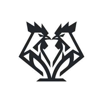 Two rooster heads facing each other minimalist emblem logo