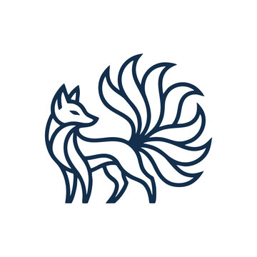 Elegant fox with flowing tail line art logo