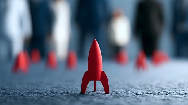 A red rocket model stands prominently on a textured surface with blurred human figures in the background