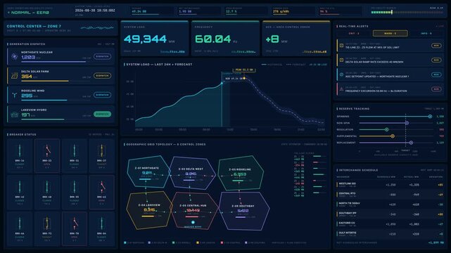 A cinematic view of a dark Electricity Grid Control Center dashboard featuring real-time metrics, alerts, and generator dispatch information in a high-tech environment.