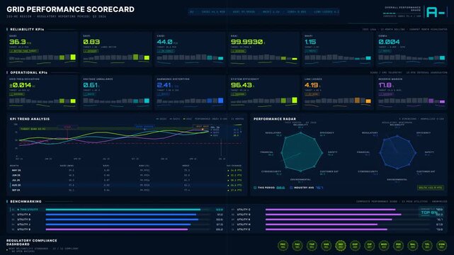 Explore an executive-grade Grid Performance KPI Dashboard showcasing reliability and operational metrics with vibrant colors and precision data visualization in 4K resolution.