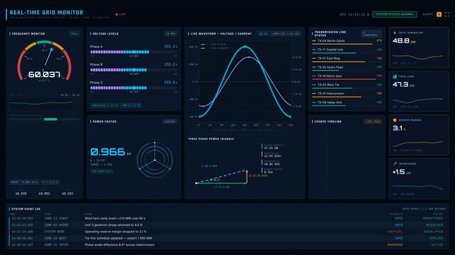 A detailed power grid monitoring dashboard interface showcasing real-time data visualization with vibrant colors and dynamic animations for frequency, voltage, and critical metrics.