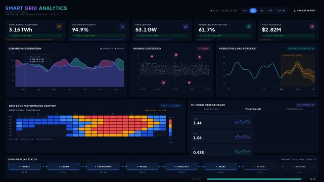 Explore a premium smart grid analytics dashboard showcasing energy data insights with vibrant colors and modern design elements in a 4K resolution format.