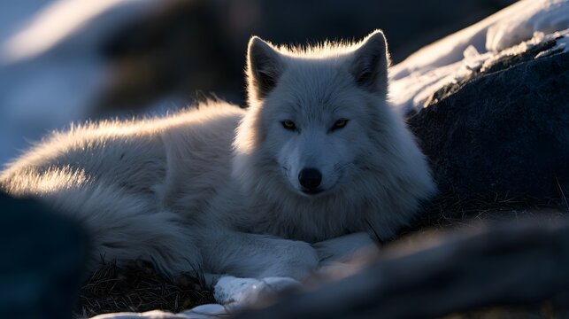 A white wolf rests peacefully in a snowy landscape  its fur glowing softly under natural light  surrounded by rocks and earth