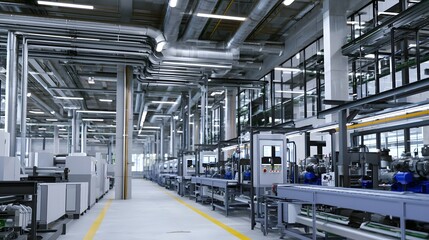 Naklejka premium Modern industrial factory interior with automated hinery overhead pipes and clean organized production lines