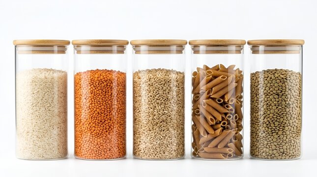 Glass jars with dry food pantry staples on white background