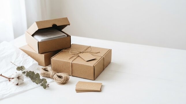 Sustainable Kraft Cardboard Gift Boxes with Natural Twine and Minimal Eco Packaging