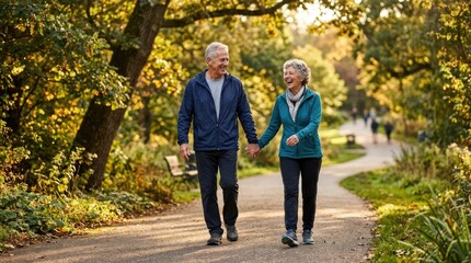 Obraz premium Happy Senior Couple Holding Hands While Walking Together in Beautiful Sunlit Green Park