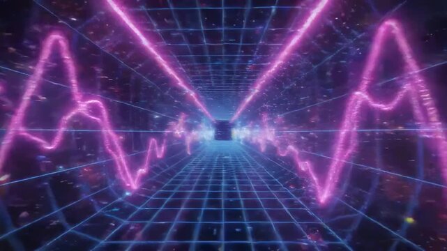 A mesmerizing 3D animation featuring glowing wave tunnels and vibrant light grids perfect for tech presentations, sci-fi marketing, and futuristic broadcast designs.