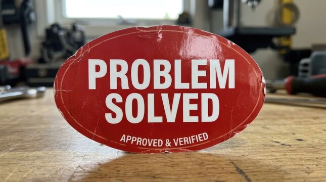 Red Problem Solved Approved and Verified Sign on Workshop Table Representing Successful Resolution