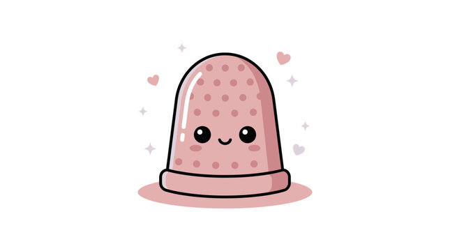 Smiling pink thimble illustration in kawaii style with hearts.