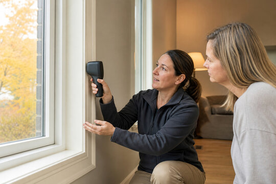 Home Energy Assessor Inspecting Window Insulation in Autumn