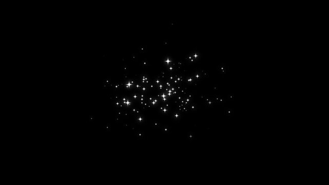 Shining white star glitter animation, sparkling dust particles and twinkle burst with magical glow, cartoon doodle stars, luminous trails and seamless loop effect on black background, 4k video