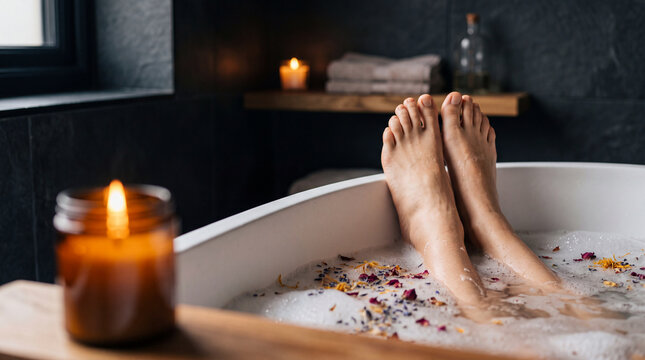 Relaxing bubble bath with flower petals, candlelight and feet soaking in spa tub
