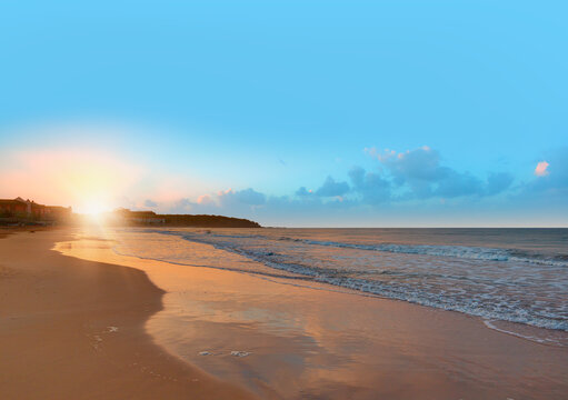 Colorful sea beach sunrise. Beautiful incekum beach scenery with calm waves and soft sandy beach. Empty tropical landscape - incekum, Alanya