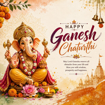 Happy Ganesh Chaturthi Festival Celebration with Lord Ganesha Idol Modak Diya and Traditional Hindu Decorations