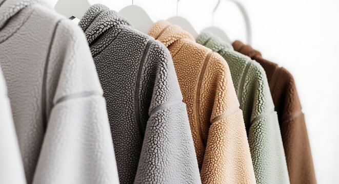 Variety of textured knitwear clothing hanging.