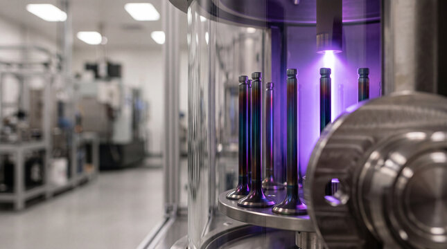 Automated metal parts coating machine in cleanroom laboratory with purple plasma treatment