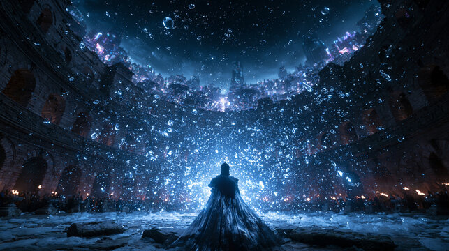Mysterious Cloaked Figure Casting Magic in Ancient Arena