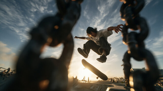 Skateboarder Performing Mid Air Jump Trick at Sunset