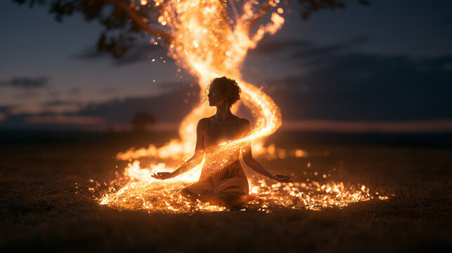 Woman Meditating with Swirling Fire Energy at Night