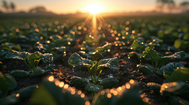Green Seedlings Growing in Agricultural Field at Sunrise