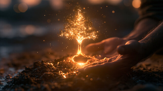 Hands Protecting Glowing Golden Tree Sapling in Soil
