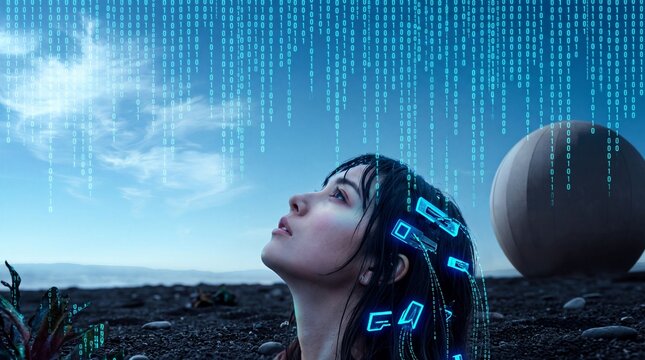 Futuristic Cyborg Woman with Neural Interface and Binary Data Stream