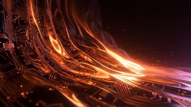 Futuristic Circuit Board with Glowing Golden Data Flow