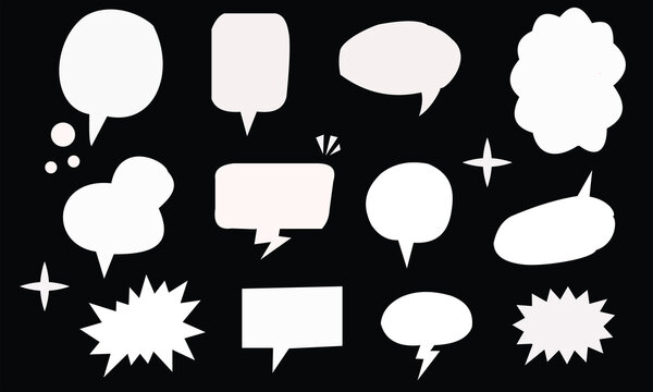 Set of white speech bubbles and comic elements on black background with text box