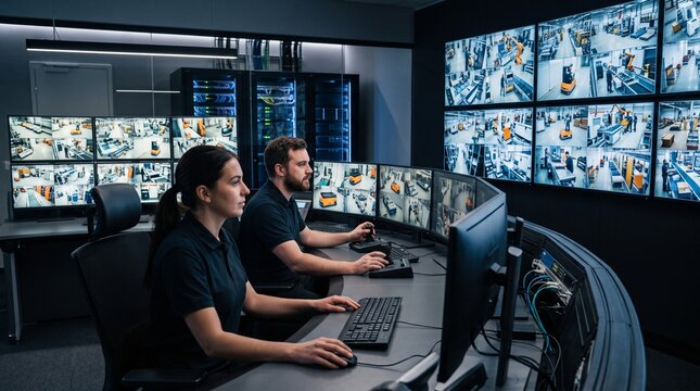 Security control room monitoring hub with professional officers tracking surveillance footage on video wall and computer workstations