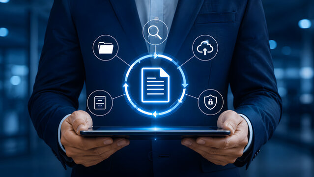 Digital document management system with cloud and security icons
