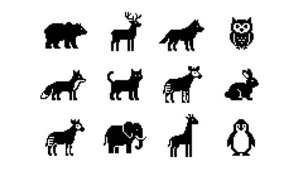 Fototapeta premium Wild animal pixel art silhouette set.