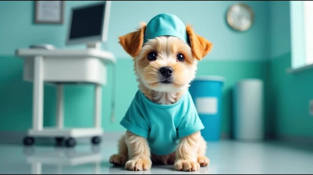 A small dog wearing a blue shirt and hat, sitting on a background
