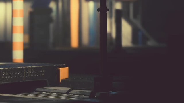 A warehouse setting shows stacked pallets on the floor. Light shines through, creating shadows on the ground. The scene captures a busy atmosphere during the day.