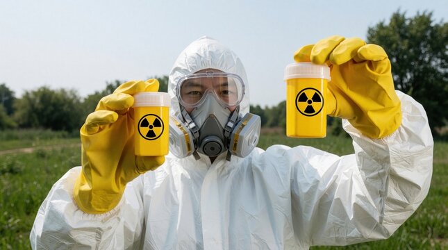 Man in hazmat suit holds radioactive material containers outdoors. Scientist wears protective gear and mask, handling hazardous samples in field. Safety and research.