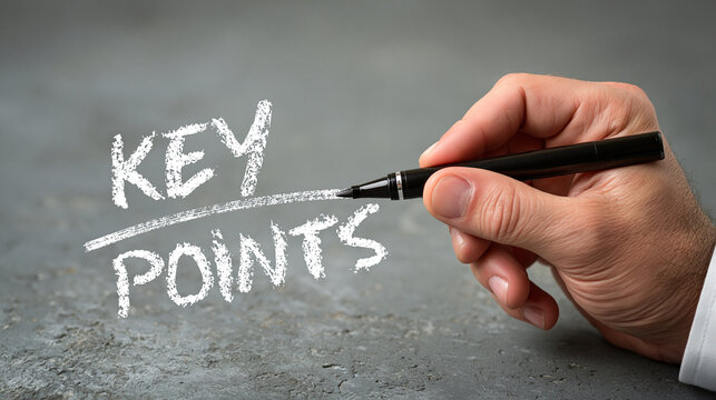 Hand holding black marker pen writing key points text in white chalk on dark textured background with business strategy presentation ideas learning process note taking