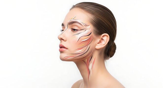 Woman with facial anatomy illustration lines.