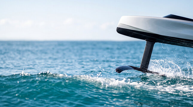 Hydrofoil boat gliding above turquoise ocean waves creating splashing wake and modern marine foil