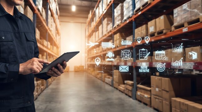 Warehouse worker using tablet with logistics icons overlay