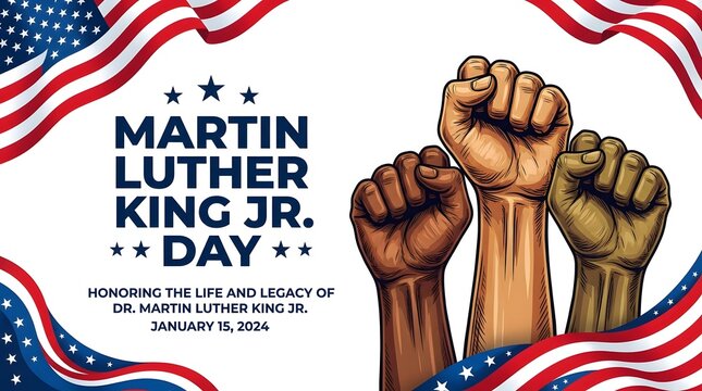 Celebratory graphic design for martin luther king jr day 5 featuring raised fists and american flag elements
