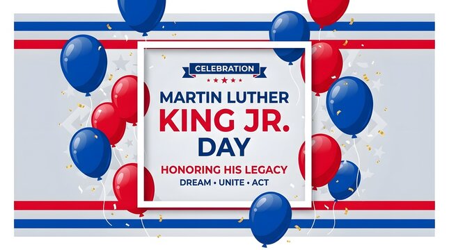 Festive graphic design for martin luther king jr day 5 celebration featuring red and blue balloons