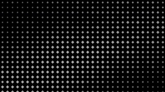 4k Abstract Technology Random Dots and Grid on black background. Diamond Halftone Wave Motion. Glowing White Diamond Grid. Futuristic Halftone Pattern Overlay. High Tech Digital Data Background.