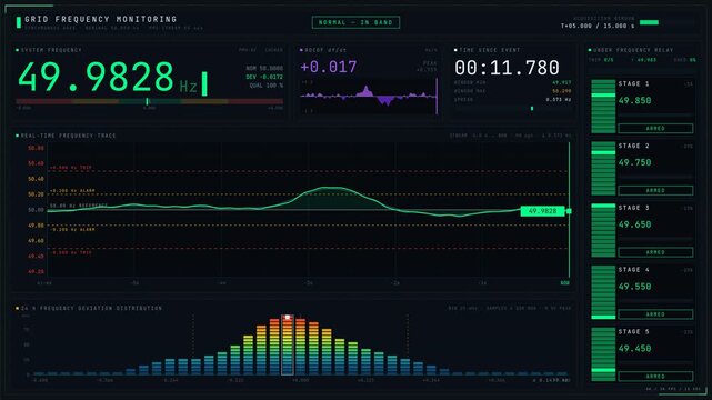 A visually striking 4K grid frequency monitoring dashboard featuring real-time frequency trace charts and dynamic color-coded alerts on a dark obsidian background.