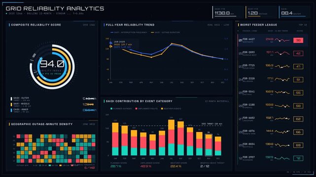 Explore an advanced 4K grid reliability analytics dashboard featuring dark mode design, pulsating score gauge, and detailed performance charts for outage tracking.