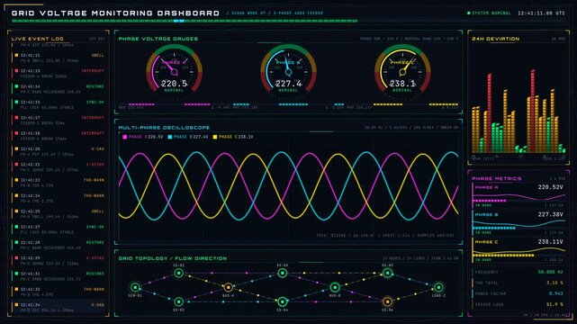 A detailed 4K ultra-wide grid voltage monitoring dashboard featuring real-time oscilloscope waveforms and voltage gauges against a dark canvas with animated interference patterns.